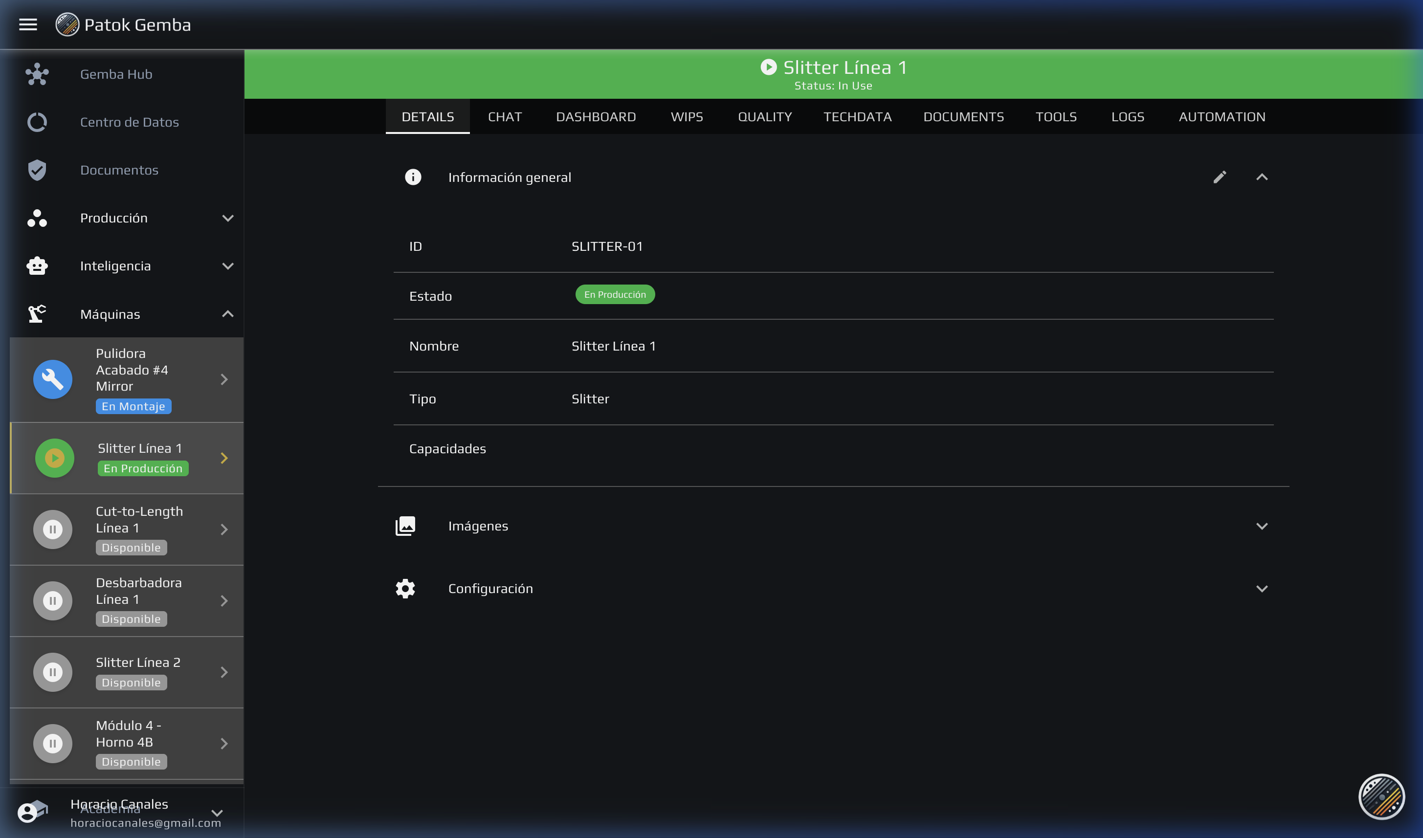 Dashboard de máquina con OEE en tiempo real