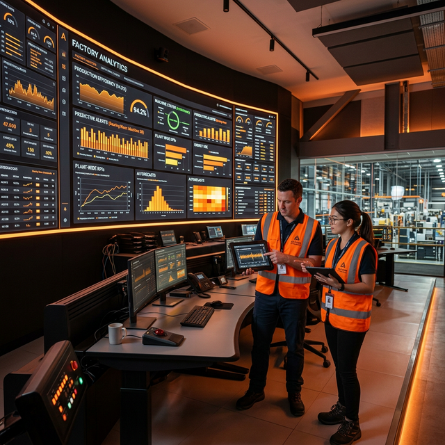 Sala de control de manufactura con wall de analytics y KPIs en tiempo real