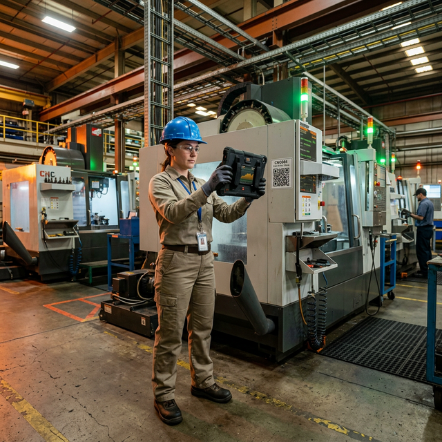 Operadora escaneando QR en máquina CNC con tablet ruggedizada