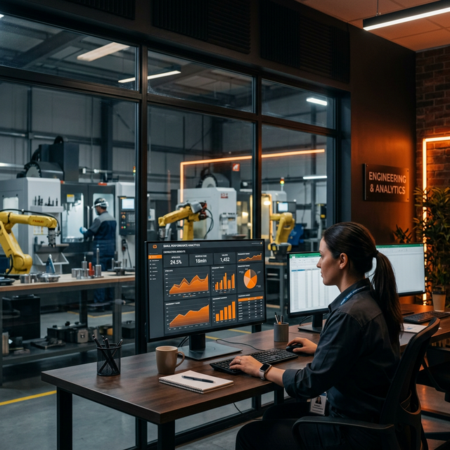 Ingeniera analizando dashboards de email analytics en oficina industrial