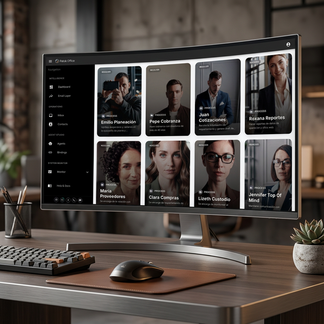 Patok Office Agent Studio — Panel de administración de empleados digitales en monitor curvo
