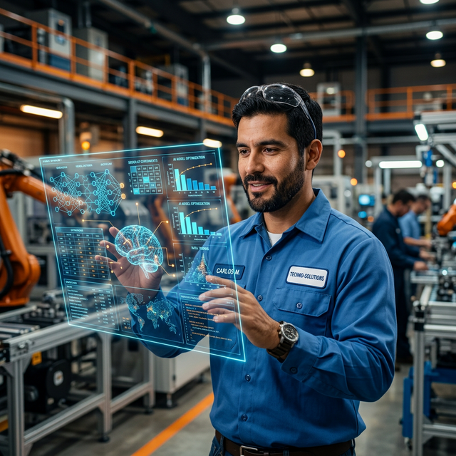 Ingeniero industrial potenciado con IA — visualización holográfica de datos y modelos en planta