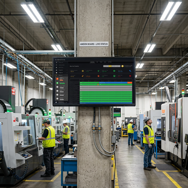 Pantalla Andon mostrando estado de máquinas para mantenimiento predictivo Patok