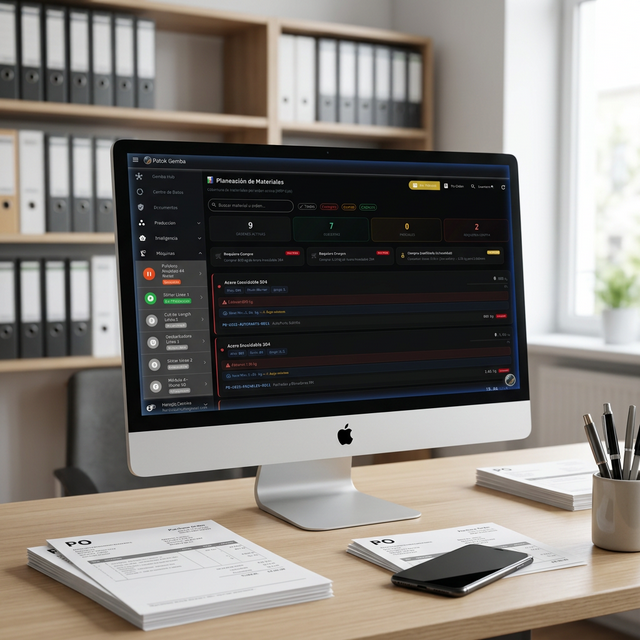 Pantalla iMac mostrando planeación MRP y gestión de materiales en Patok