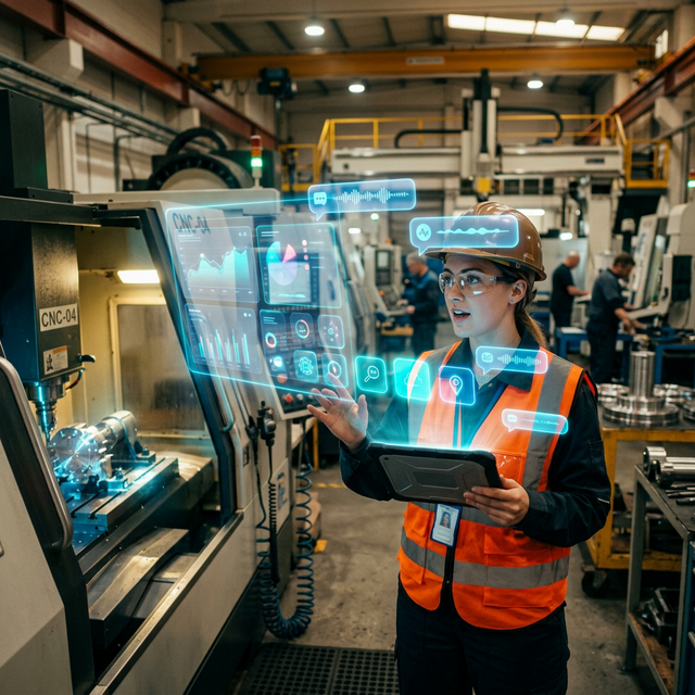 Supervisor en planta industrial interactuando con Command Center IA mediante overlay de realidad aumentada