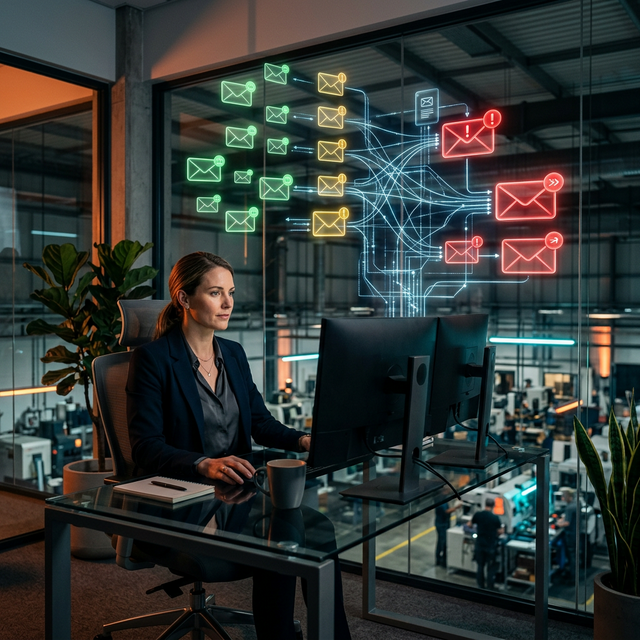 Ejecutiva en oficina industrial con visualización holográfica de flujos de correos clasificados