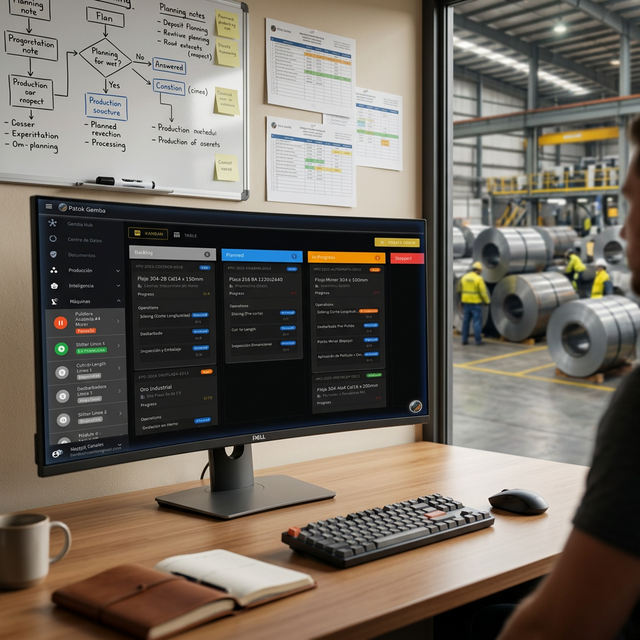 Patok Gemba — Tablero Kanban de órdenes con status Drafting, Planned, In Progress y Suspect en monitor industrial